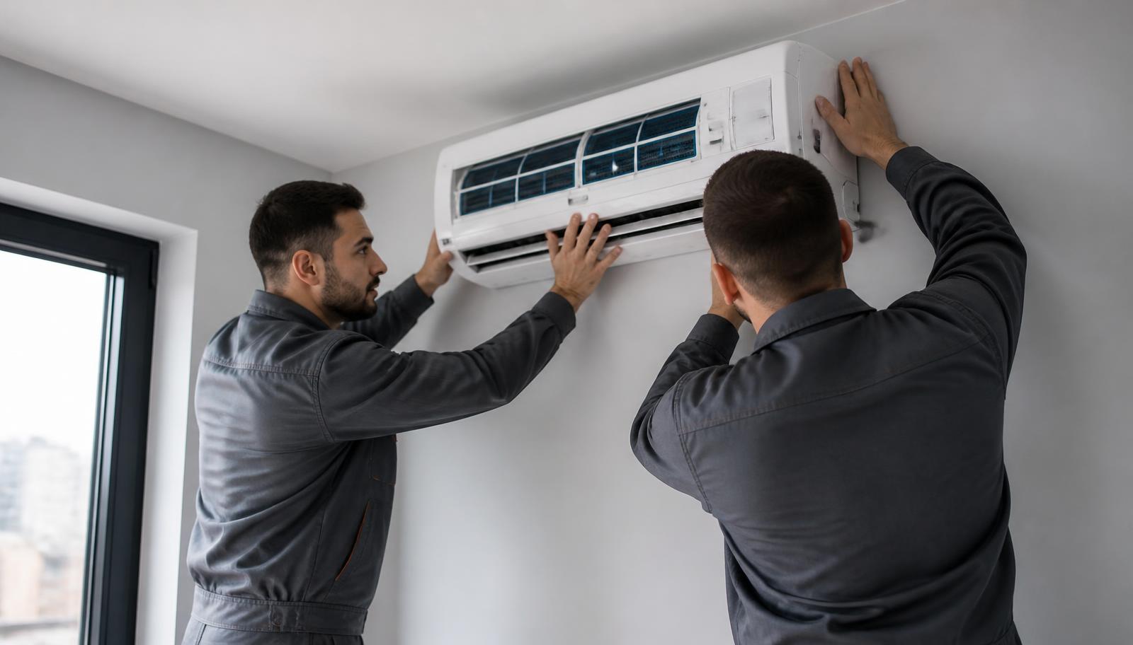 Zwei Monteure installieren ein Klimagerät